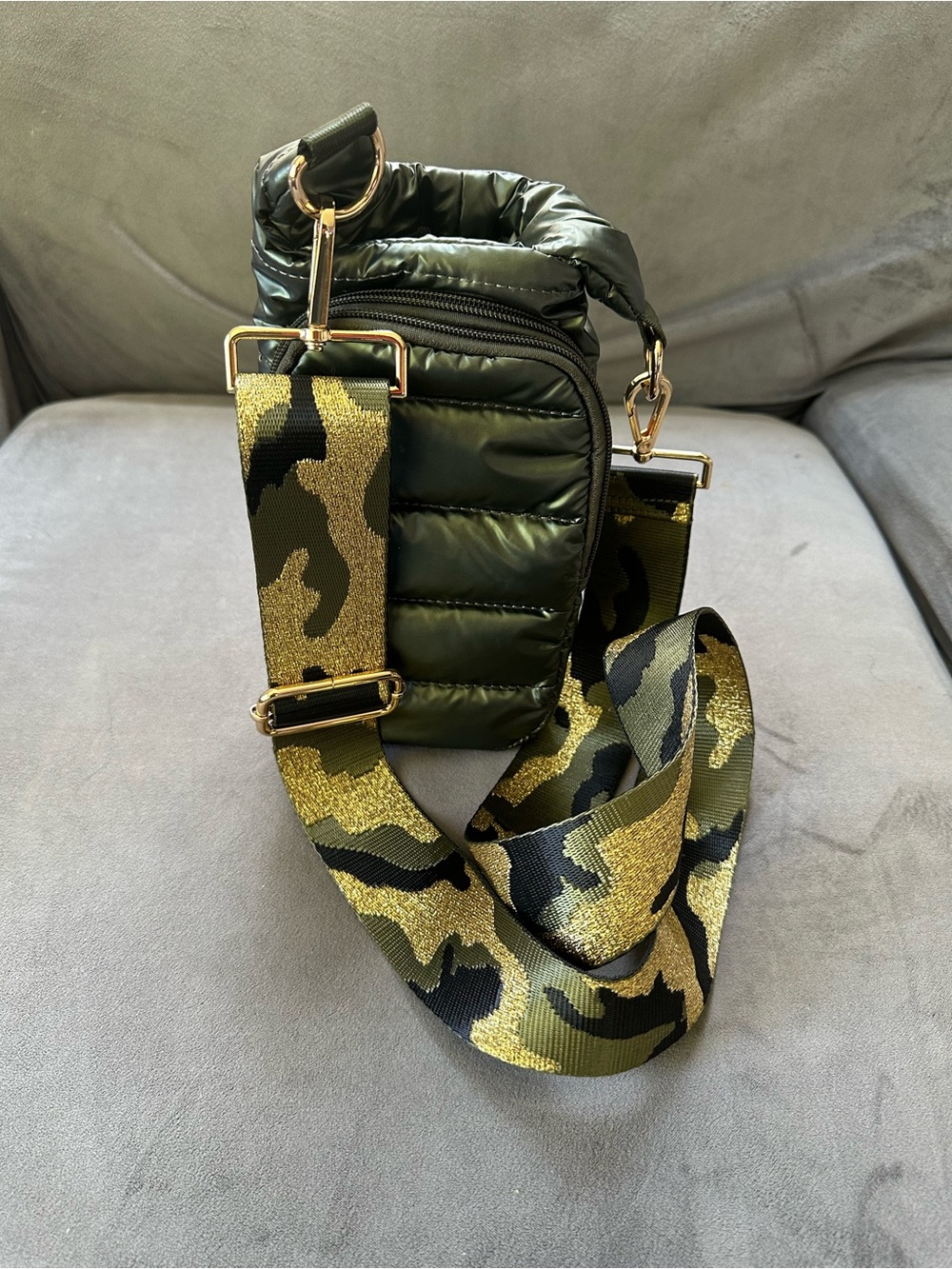 Quilted Olive Green Crossbody Bag with Camouflage Accent Strap